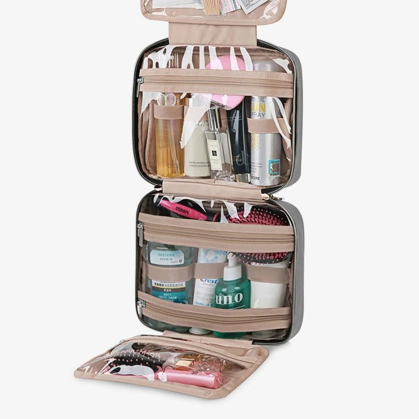 Gray space-saving toiletry bag