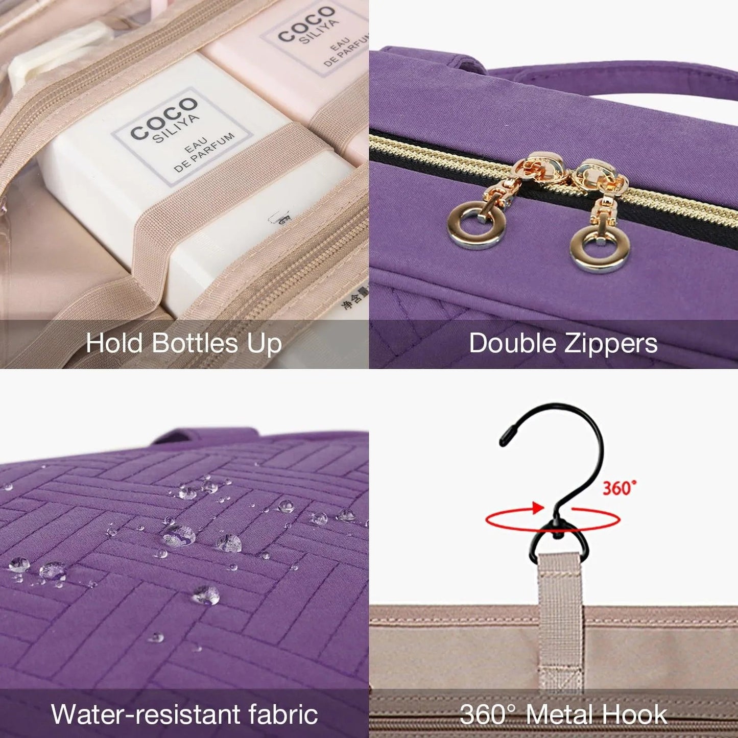 Purple space-saving toiletry bag